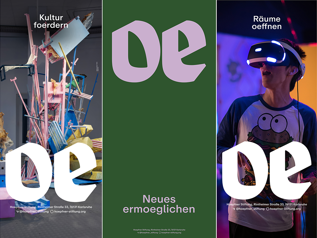 drei abgebildete Plakate zeigen das neue Design der Hoepfner Stiftung